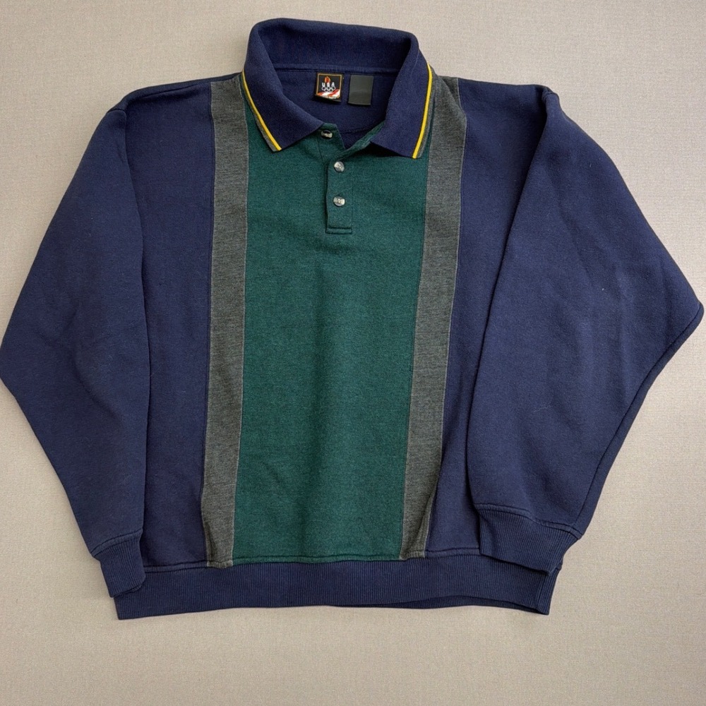 Vintage USA Olympics Colorblock Polo Sweatshirt Navy Green Grey Mens XL
